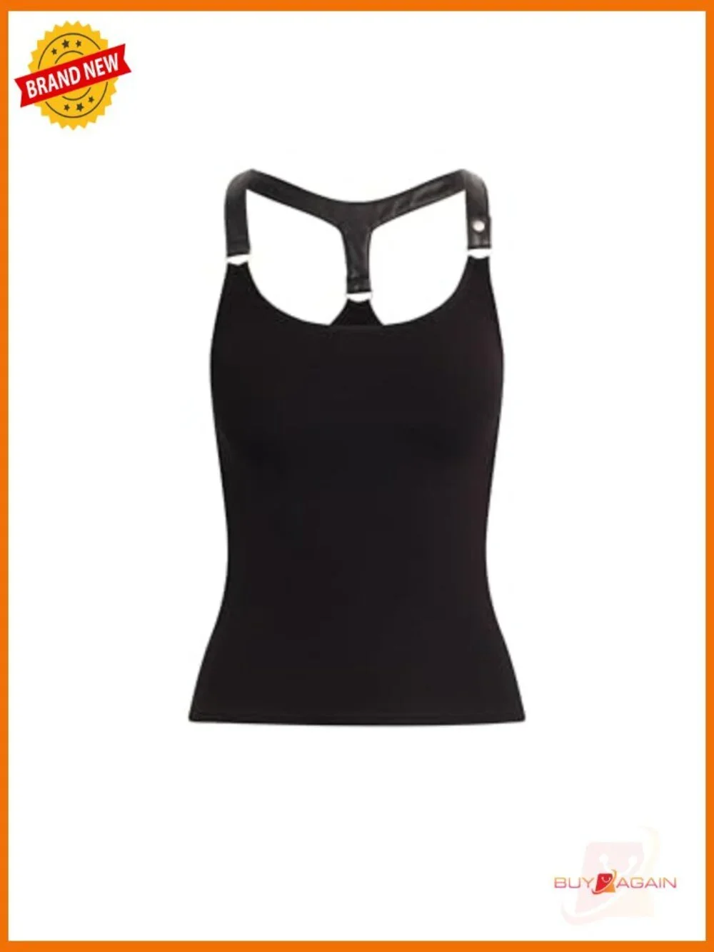 Fitted Rib Knit Tank Top with Faux Leather Straps, Snap Closure